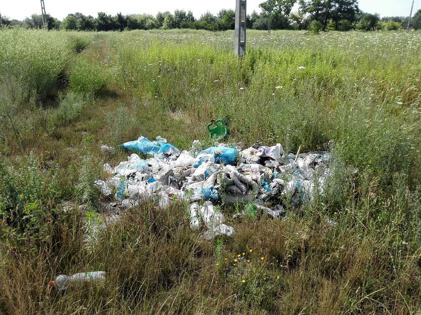 Mocskos és bűzös kommunális hulladék a mező közepén. / Fotó: hulladekvadasz.hu
