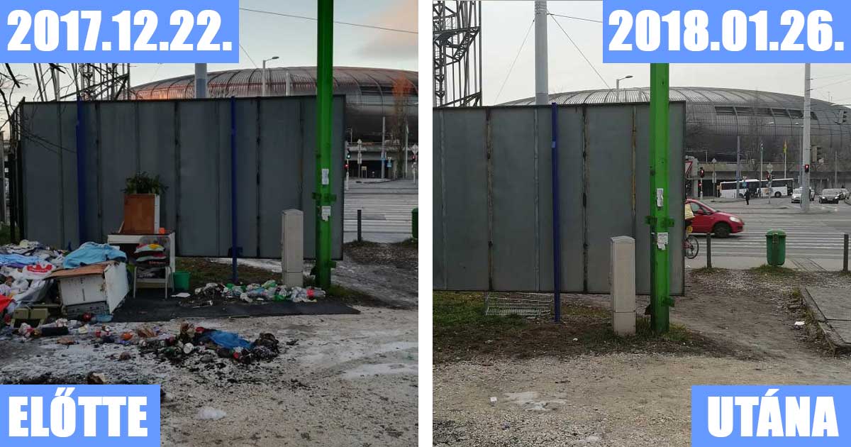 Bal oldalon: A Hungária körút - Stadionok helyszínéről érkezett bejelentés, jobb oldalon: 1 hónap múlva a megtisztított helyszín. / Fotó: hulladekvadasz.hu