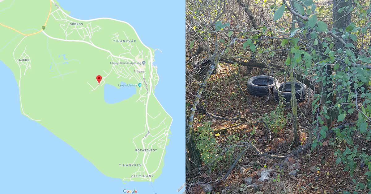 Bal oldal a Google térképén látható a helyszín és a Tihanyi félsziget, és a jobb oldal a hulladéklerakat.