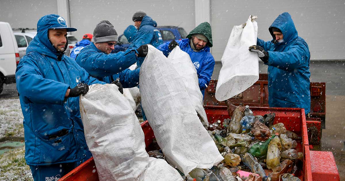 A hulladék PET-palackokat takarították el a Tisza ártéri erdőterületén Vásárosnamény határában. / MTI/Czeglédi Zsolt